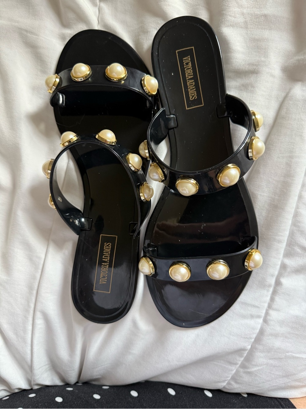 Victoria Adams Black Pearl-Accent Slide Sandals